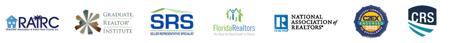 REALTORS® Association Indian River County, Graduate REALTOR® Institute, Seller Representative Specialist, Florida REALTORS®, National Association of REALTORS®, Certified Residential Specialist, and REALTORS® Commitment to Excellence logos.